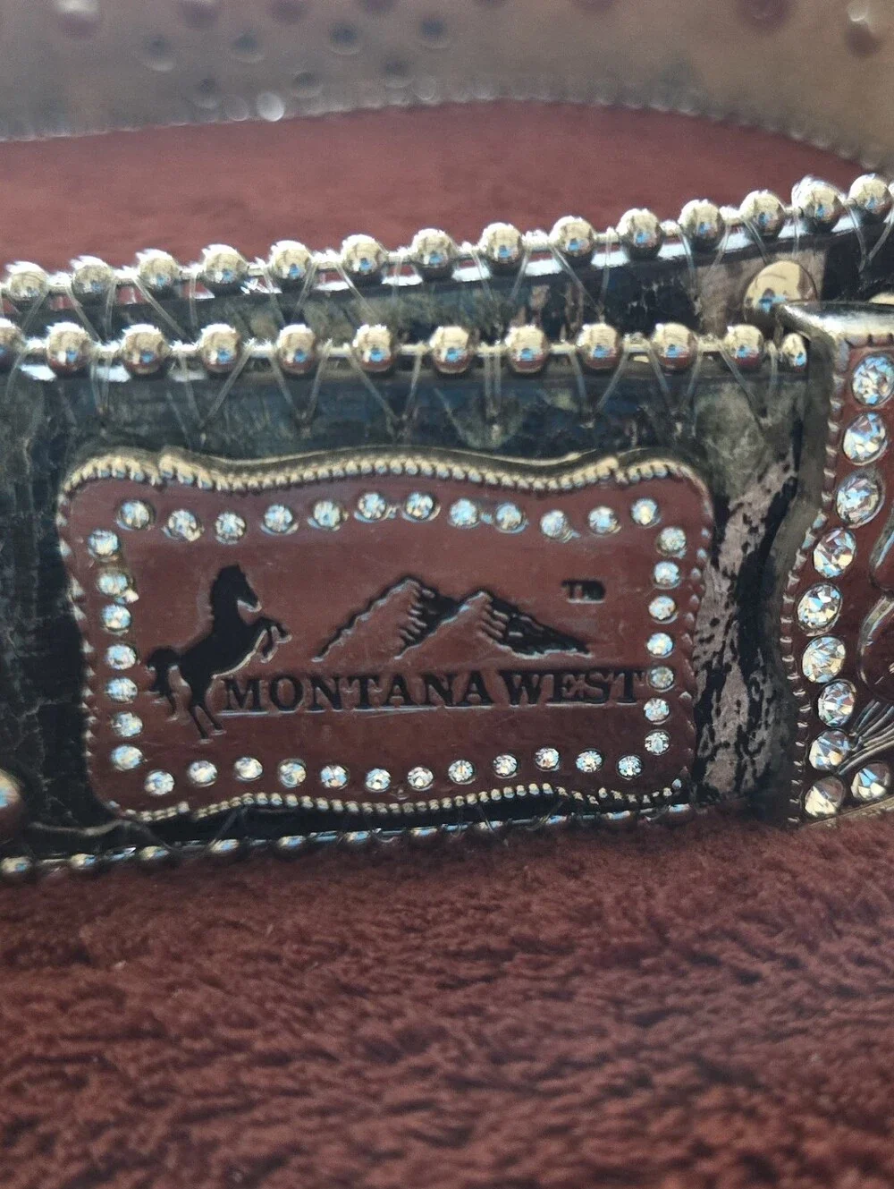 MONTANA WEST Women's Rhinestone Embellished Western Camo Belt. Silver. LG. EUC!